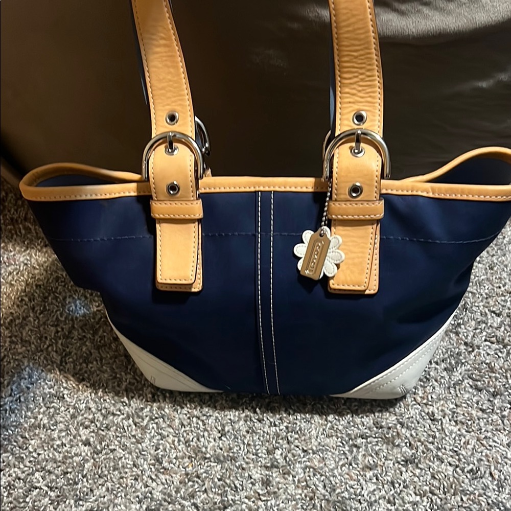 Coach Blue and Tan Tote with Leather Accents
